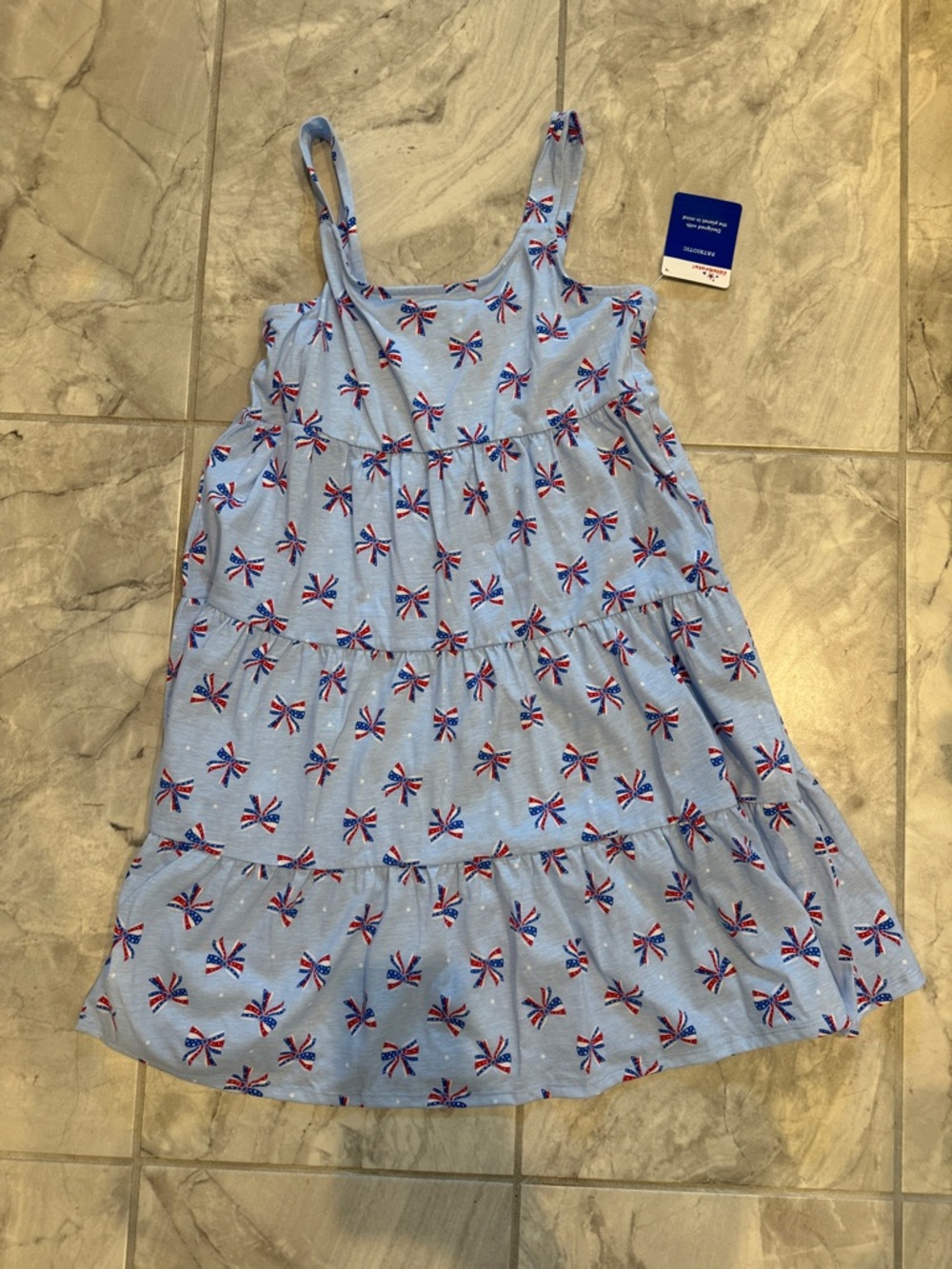 Girls' Light Blue Tiered Sundress with Red & Navy Bow Print
